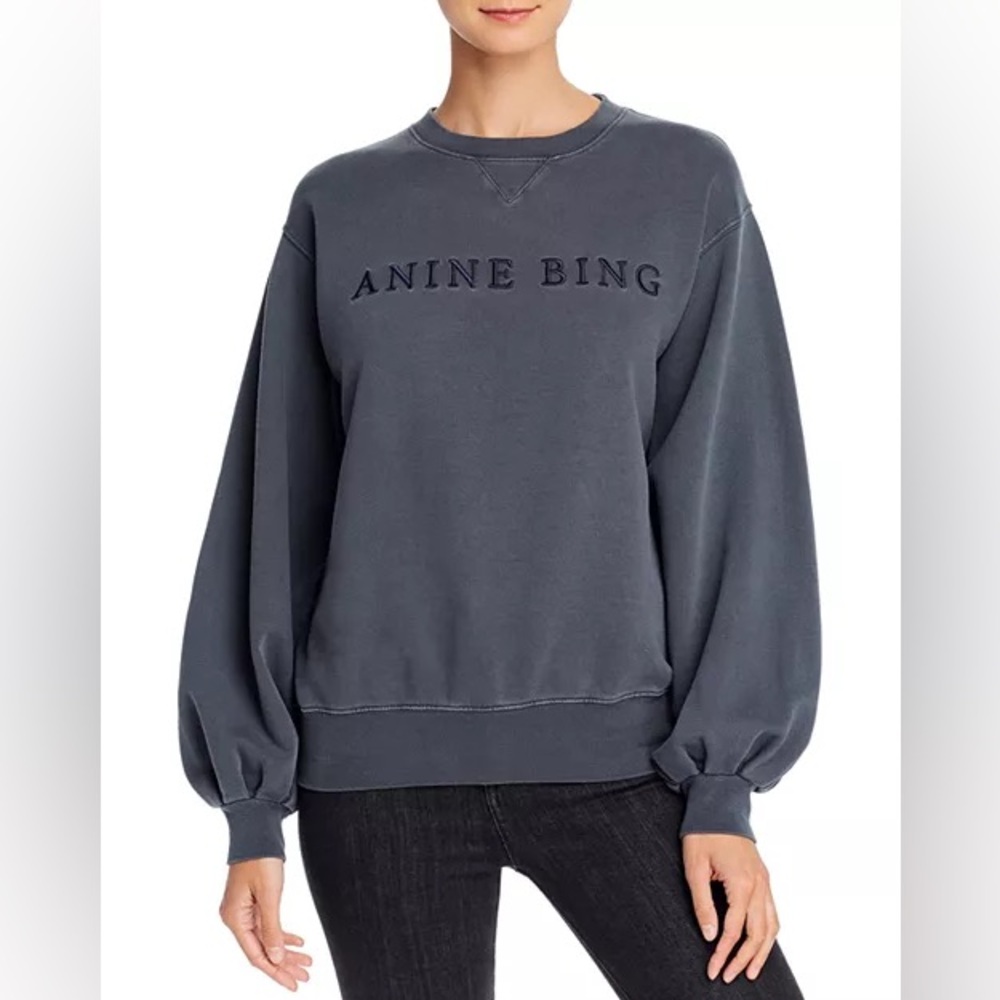 Anine Bing Esme Sweatshirt Cotton Word Logo Embroidered Grey Size Medium